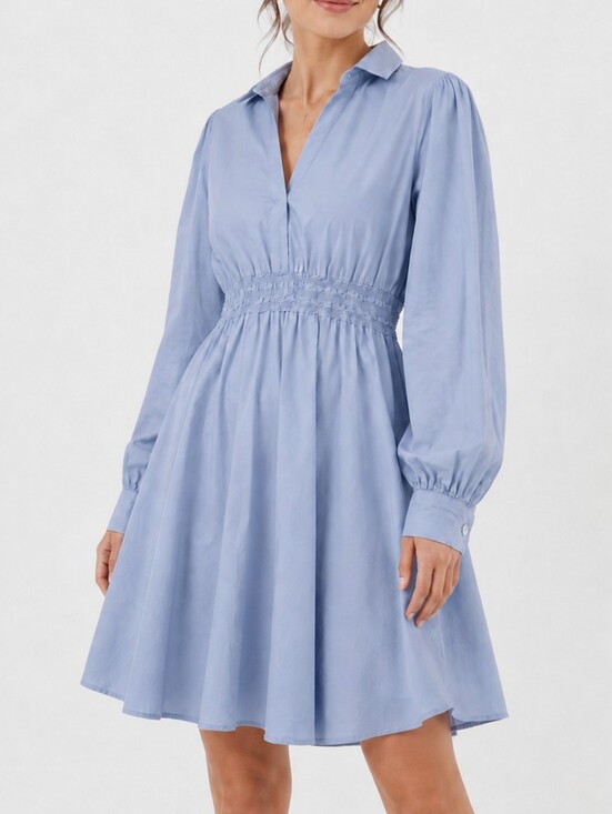 SHEIN Dresses & Skirts - Cotton Long Sleeve Notched Collar Dress Smocked Empire Waist Sky Blue Size XXL
